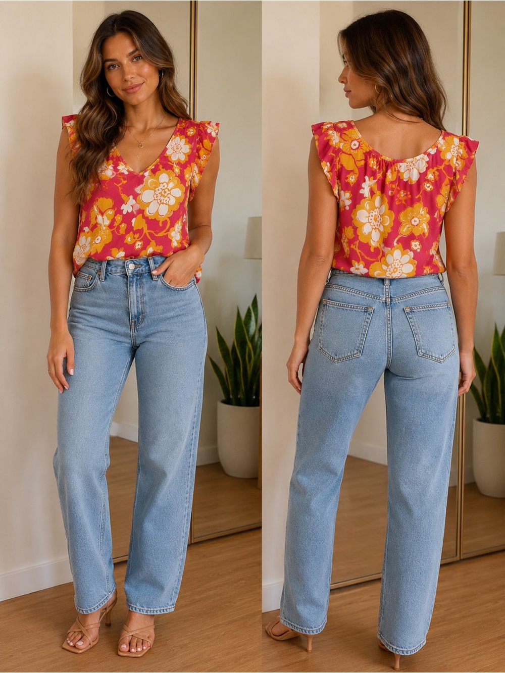 Maeve by Anthropologie Pink and Yellow Floral Blouse Ruffled sleeve sz medium